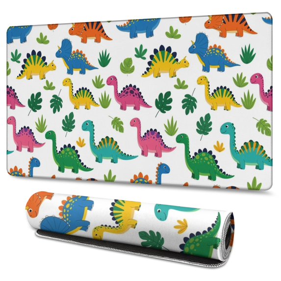 Long Mouse Pads for Desk,Vivid Colored Dinosaur and Leaf Pattern Desk Mats on Top Of Desks, Desk Mouse Pad Extra Large with 3mm Non-Slip Base and Stitched Edge for Gaming,Office,Work,Home 47.3"x23.6"