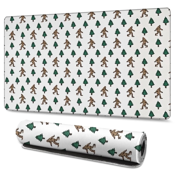 Long Mouse Pads for Desk,White Bigfoot and Pine Tree Pattern Desk Mats on Top Of Desks, Desk Mouse Pad Extra Large with 3mm Non-Slip Base and Stitched Edge for Gaming,Office,Work,Home 47.3"x23.6"