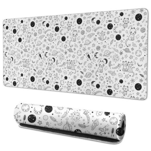 Long Mouse Pads for Desk,White Black Cat Planet Star Moon Pattern Desk Mats on Top Of Desks, Desk Mouse Pad Extra Large with 3mm Non-Slip Base and Stitched Edge for Gaming,Office,Work,Home 35.4"x15.7"