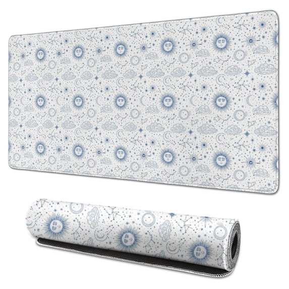 Long Mouse Pads for Desk,White Blue Sun Moon Cloud Star Pattern Desk Mats on Top Of Desks, Desk Mouse Pad Extra Large with 3mm Non-Slip Base and Stitched Edge for Gaming,Office,Work,Home 31.5"x15.7"
