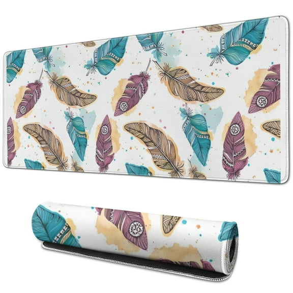 Long Mouse Pads for Desk,White Boho Tribal Feathers Pattern Desk Mats on Top Of Desks, Desk Mouse Pad Extra Large with 3mm Non-Slip Base and Stitched Edge for Gaming,Office,Work,Home 31.5"x11.8"