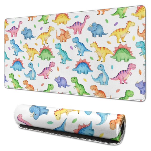Long Mouse Pads for Desk,White Cartoon Colorful Dinosaurs Pattern Desk Mats on Top Of Desks, Desk Mouse Pad Extra Large with 3mm Non-Slip Base and Stitched Edge for Gaming,Office,Work,Home 31.5"x15.7"