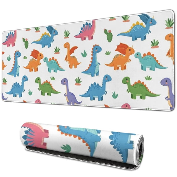 Long Mouse Pads for Desk,White Cartoon Dinosaurs Cacti Pattern Desk Mats on Top Of Desks, Desk Mouse Pad Extra Large with 3mm Non-Slip Base and Stitched Edge for Gaming,Office,Work,Home 31.5"x11.8"