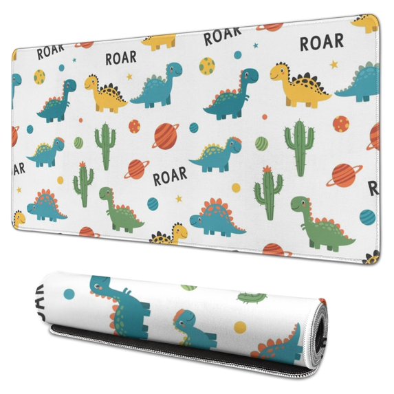 Long Mouse Pads for Desk,White Cartoon Dinosaurs Cacti Planets Desk Mats on Top Of Desks, Desk Mouse Pad Extra Large with 3mm Non-Slip Base and Stitched Edge for Gaming,Work,Home 31.5"x15.7"