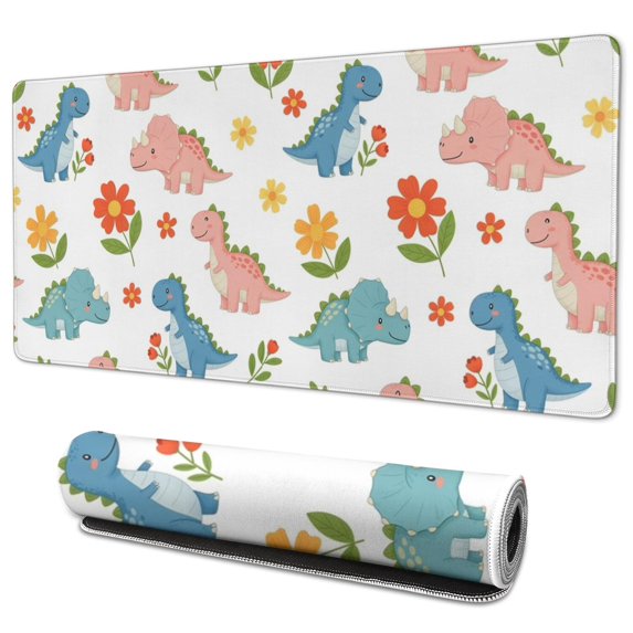 Long Mouse Pads for Desk,White Cartoon Dinosaurs Flowers Pattern Desk Mats on Top Of Desks, Desk Mouse Pad Extra Large with 3mm Non-Slip Base and Stitched Edge for Gaming,Office,Work,Home 35.4"x15.7"