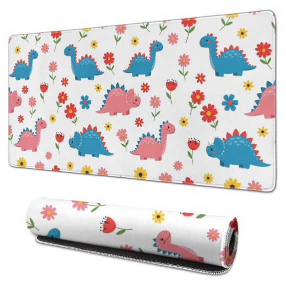 Long Mouse Pads for Desk,White Cartoon Dinosaurs Flowers Pattern Desk Mats on Top Of Desks, Desk Mouse Pad Extra Large with 3mm Non-Slip Base and Stitched Edge for Gaming,Office,Work,Home 31.5"x15.7"