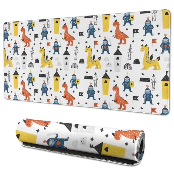 Long Mouse Pads for Desk,White Cartoon Dinosaurs Knights Pattern Desk Mats on Top Of Desks, Desk Mouse Pad Extra Large with 3mm Non-Slip Base and Stitched Edge for Gaming,Office,Work,Home 35.4"x15.7"