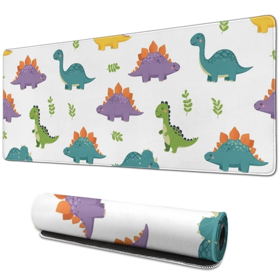 Long Mouse Pads for Desk,White Cartoon Dinosaurs Leaves Pattern Desk Mats on Top Of Desks, Desk Mouse Pad Extra Large with 3mm Non-Slip Base and Stitched Edge for Gaming,Office,Work,Home 31.5"x11.8"