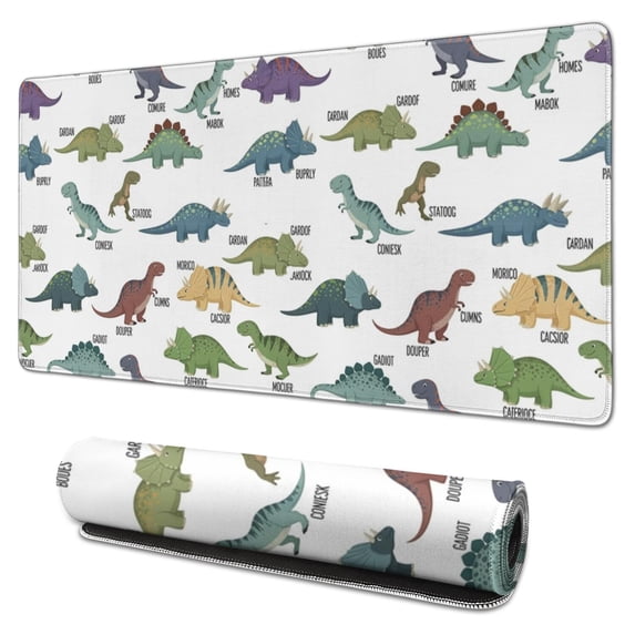Long Mouse Pads for Desk,White Cartoon Dinosaurs Names Pattern Desk Mats on Top Of Desks, Desk Mouse Pad Extra Large with 3mm Non-Slip Base and Stitched Edge for Gaming,Office,Work,Home 31.5"x15.7"