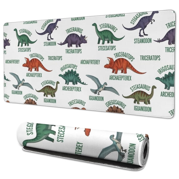 Long Mouse Pads for Desk,White Cartoon Dinosaurs Names Pattern Desk Mats on Top Of Desks, Desk Mouse Pad Extra Large with 3mm Non-Slip Base and Stitched Edge for Gaming,Office,Work,Home 35.4"x15.7"