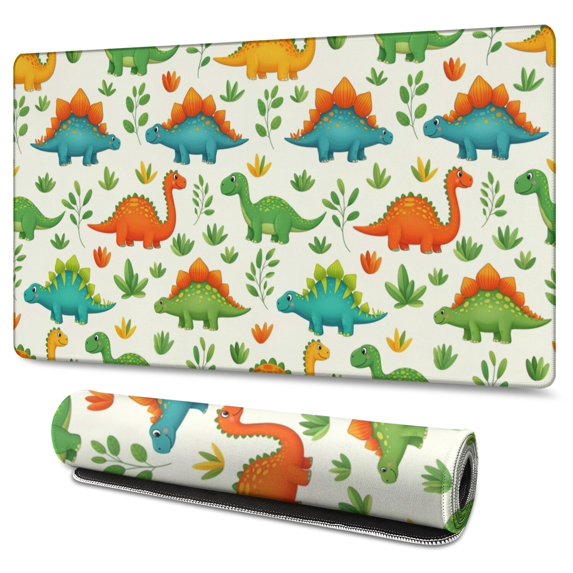 Long Mouse Pads for Desk,White Cartoon Dinosaurs Plants Pattern Desk Mats on Top Of Desks, Desk Mouse Pad Extra Large with 3mm Non-Slip Base and Stitched Edge for Gaming,Office,Work,Home 47.3"x23.6"
