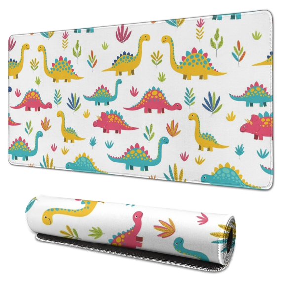 Long Mouse Pads for Desk,White Cartoon Dinosaurs Plants Pattern Desk Mats on Top Of Desks, Desk Mouse Pad Extra Large with 3mm Non-Slip Base and Stitched Edge for Gaming,Office,Work,Home 31.5"x15.7"