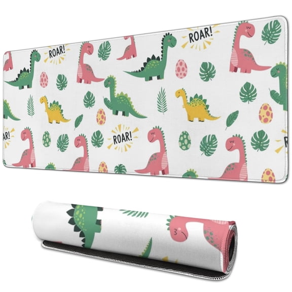 Long Mouse Pads for Desk,White Cartoon Dinosaurs Roar Pattern Desk Mats on Top Of Desks, Desk Mouse Pad Extra Large with 3mm Non-Slip Base and Stitched Edge for Gaming,Office,Work,Home 31.5"x11.8"