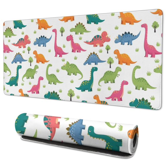 Long Mouse Pads for Desk,White Cartoon Dinosaurs Trees Pattern Desk Mats on Top Of Desks, Desk Mouse Pad Extra Large with 3mm Non-Slip Base and Stitched Edge for Gaming,Office,Work,Home 35.4"x15.7"