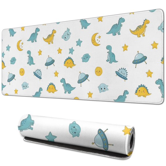 Long Mouse Pads for Desk,White Cartoon Dinosaurs UFOs Stars Desk Mats on Top Of Desks, Desk Mouse Pad Extra Large with 3mm Non-Slip Base and Stitched Edge for Gaming,Work,Home 31.5"x11.8"