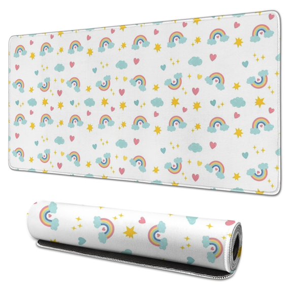 Long Mouse Pads for Desk,White Cartoon Rainbow Cloud Star Heart Desk Mats on Top Of Desks, Desk Mouse Pad Extra Large with 3mm Non-Slip Base and Stitched Edge for Gaming,Work,Home 31.5"x15.7"