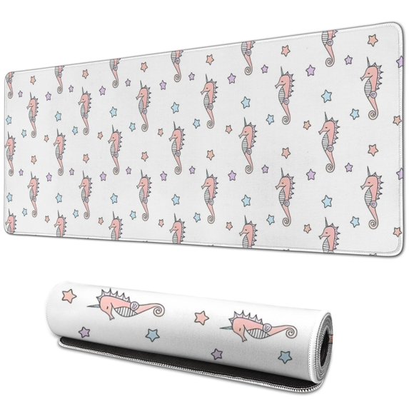 Long Mouse Pads for Desk,White Cartoon Seahorse Star Pattern Desk Mats on Top Of Desks, Desk Mouse Pad Extra Large with 3mm Non-Slip Base and Stitched Edge for Gaming,Office,Work,Home 31.5"x11.8"