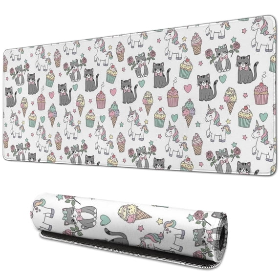 Long Mouse Pads for Desk,White Cartoon Unicorn Cat Dessert Desk Mats on Top Of Desks, Desk Mouse Pad Extra Large with 3mm Non-Slip Base and Stitched Edge for Gaming,Work,Home 31.5"x11.8"