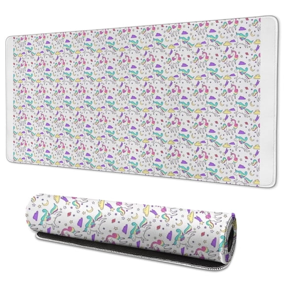 Long Mouse Pads for Desk,White Cartoon Unicorn Pattern Desk Mats on Top Of Desks, Desk Mouse Pad Extra Large with 3mm Non-Slip Base and Stitched Edge for Gaming,Office,Work,Home 35.4"x15.7"
