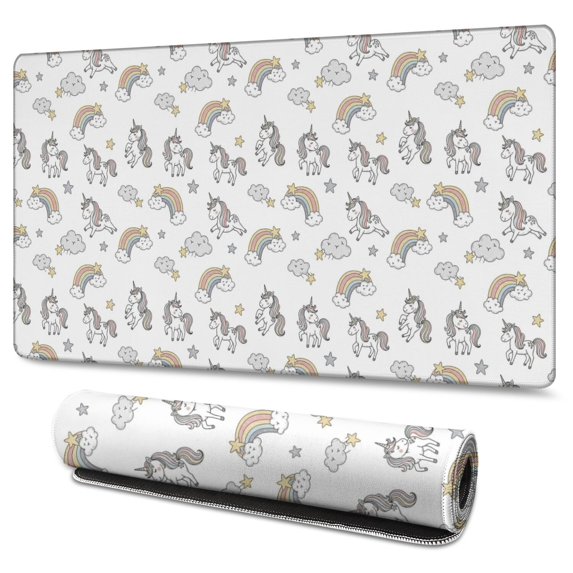 Long Mouse Pads for Desk,White Cartoon Unicorn Rainbow Cloud Desk Mats on Top Of Desks, Desk Mouse Pad Extra Large with 3mm Non-Slip Base and Stitched Edge for Gaming,Work,Home 47.3"x23.6"