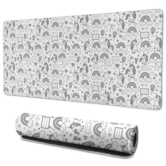 Long Mouse Pads for Desk,White Cartoon Unicorn Rainbow Heart Lollipop Desk Mats on Top Of Desks, Desk Mouse Pad Extra Large with 3mm Non-Slip Base and Stitched Edge for Gaming,Work,Home 35.4"x15.7"