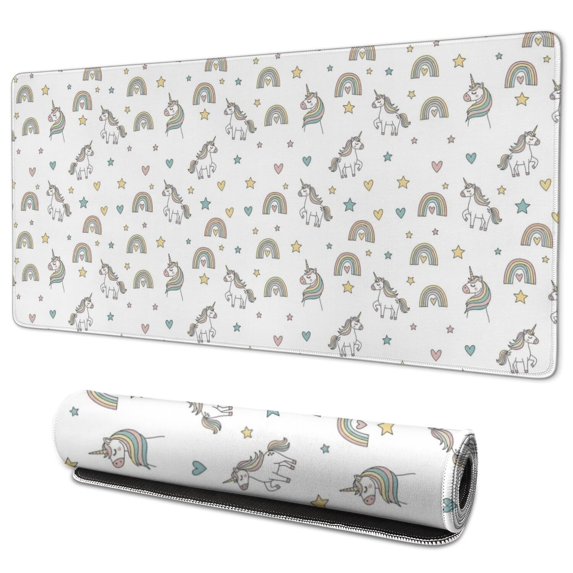 Long Mouse Pads for Desk,White Cartoon Unicorn Rainbow Heart Star Desk Mats on Top Of Desks, Desk Mouse Pad Extra Large with 3mm Non-Slip Base and Stitched Edge for Gaming,Work,Home 35.4"x15.7"