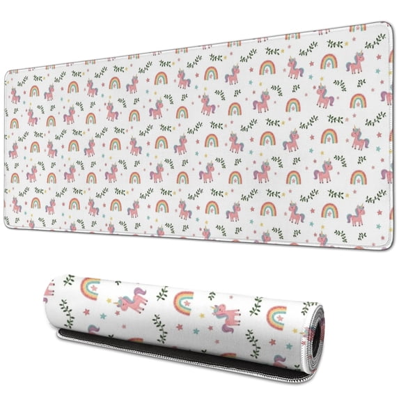 Long Mouse Pads for Desk,White Cartoon Unicorn Rainbow Leaf Desk Mats on Top Of Desks, Desk Mouse Pad Extra Large with 3mm Non-Slip Base and Stitched Edge for Gaming,Work,Home 31.5"x11.8"