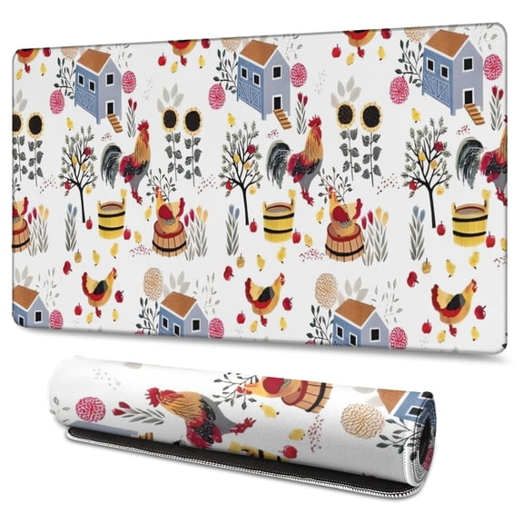 Long Mouse Pads for Desk,White Chicken Farm Pattern Desk Mats on Top Of Desks, Desk Mouse Pad Extra Large with 3mm Non-Slip Base and Stitched Edge for Gaming,Office,Work,Home 47.3x23.6in