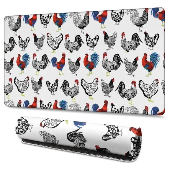 Long Mouse Pads for Desk,White Chicken Folk Pattern Desk Mats on Top Of Desks, Desk Mouse Pad Extra Large with 3mm Non-Slip Base and Stitched Edge for Gaming,Office,Work,Home 47.3x23.6in