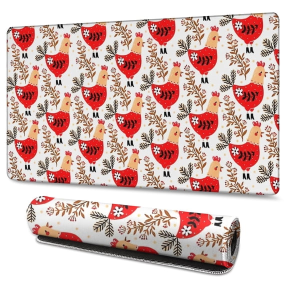 Long Mouse Pads for Desk,White Chicken Red Chicken Pattern Desk Mats on Top Of Desks, Desk Mouse Pad Extra Large with 3mm Non-Slip Base and Stitched Edge for Gaming,Office,Work,Home 47.3x23.6in
