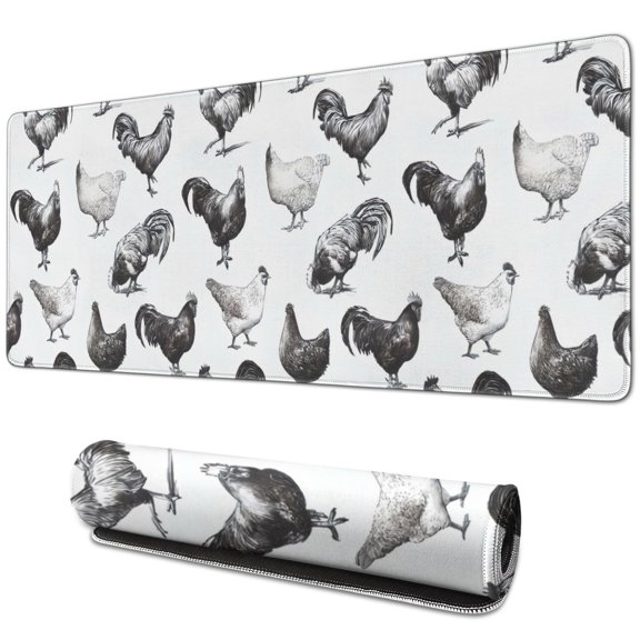 Long Mouse Pads for Desk,White Chicken Sketch Pattern Desk Mats on Top Of Desks, Desk Mouse Pad Extra Large with 3mm Non-Slip Base and Stitched Edge for Gaming,Office,Work,Home 31.5x11.8in
