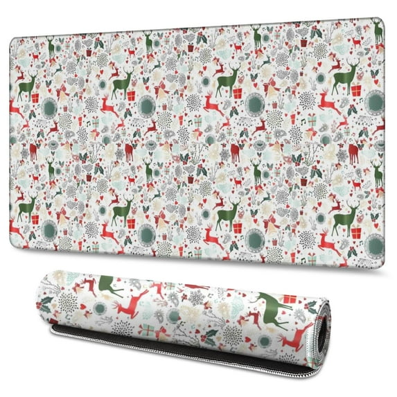 Long Mouse Pads for Desk,White Christmas Deer and Gift Pattern Desk Mats on Top Of Desks, Desk Mouse Pad Extra Large with 3mm Non-Slip Base and Stitched Edge for Gaming,Office,Work,Home 47.3x23.6in