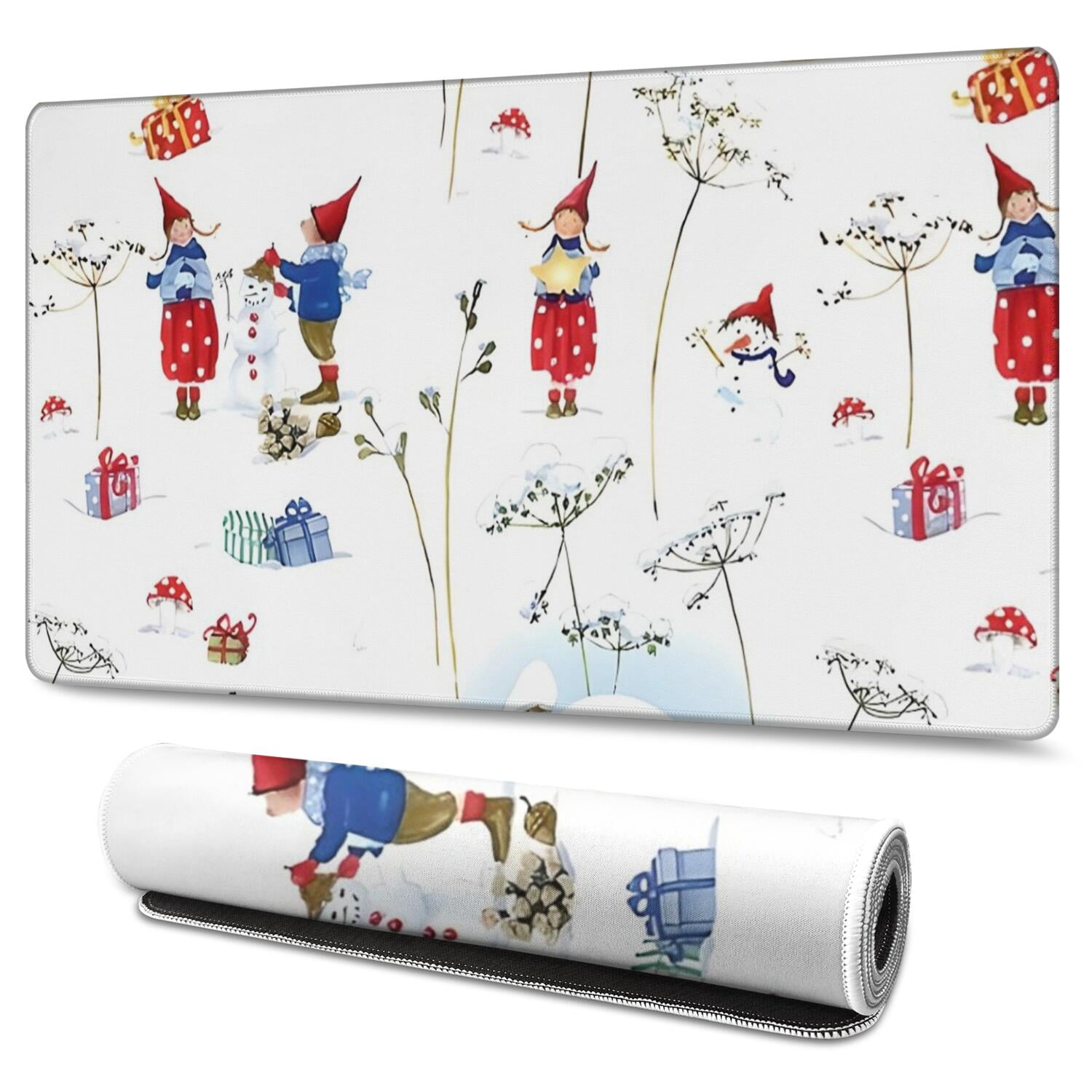 Long Mouse Pads for Desk,White Christmas Gnome Pattern Desk Mats on Top Of Desks, Desk Mouse Pad Extra Large with 3mm Non-Slip Base and Stitched Edge for Gaming,Office,Work,Home 47.3x23.6in