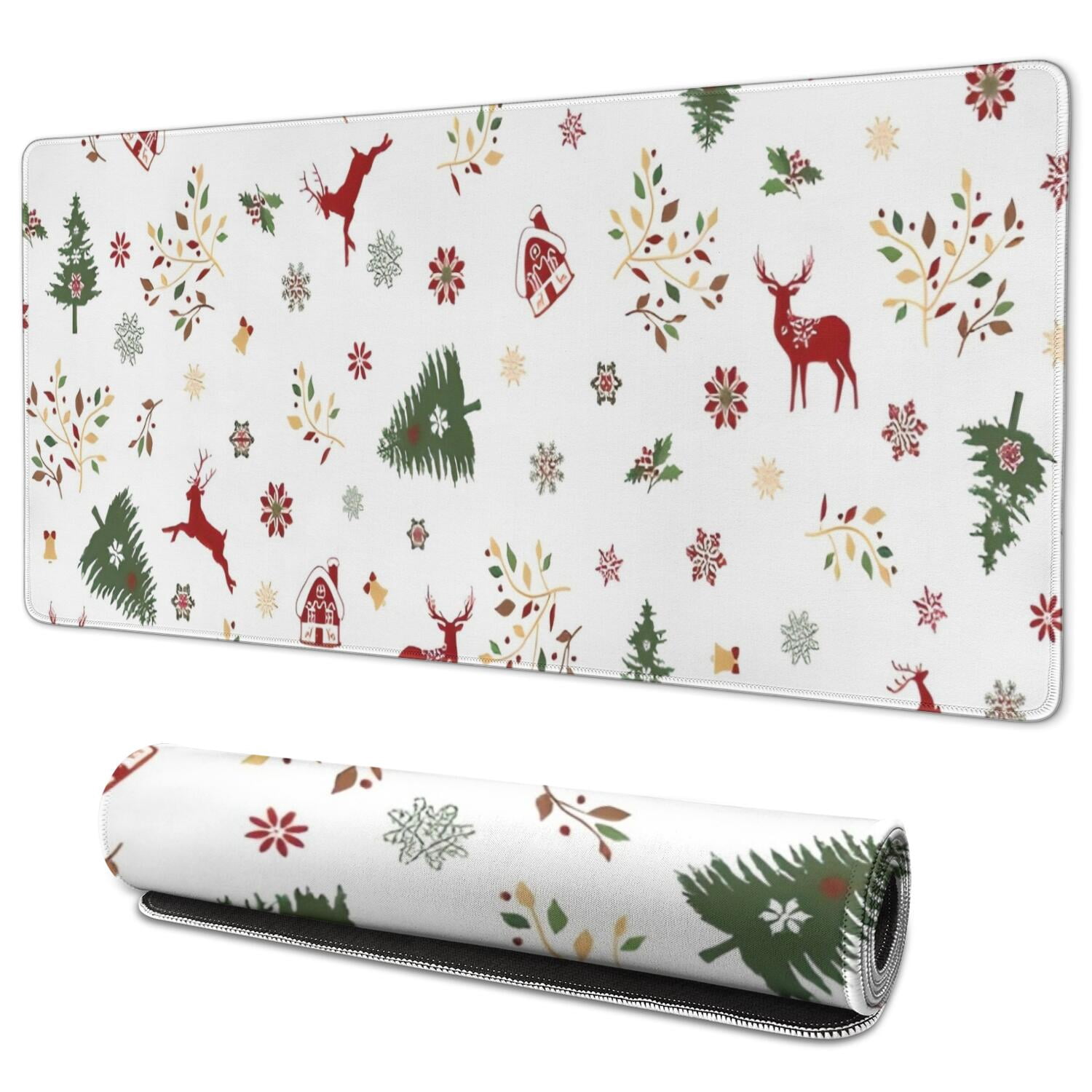 Long Mouse Pads for Desk,White Christmas Reindeer Pattern Desk Mats on Top Of Desks, Desk Mouse Pad Extra Large with 3mm Non-Slip Base and Stitched Edge for Gaming,Office,Work,Home 35.4x15.7in