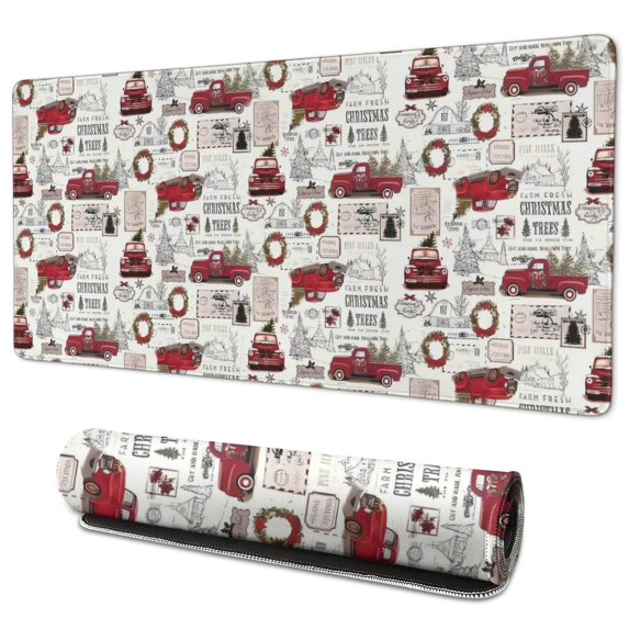 Long Mouse Pads for Desk,White Christmas Truck and Tree Pattern Desk Mats on Top Of Desks, Desk Mouse Pad Extra Large with 3mm Non-Slip Base and Stitched Edge for Gaming,Office,Work,Home 35.4x15.7in