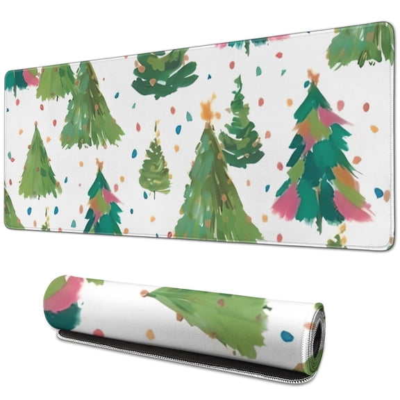 Long Mouse Pads for Desk,White Christmas Watercolor Tree Pattern Desk Mats on Top Of Desks, Desk Mouse Pad Extra Large with 3mm Non-Slip Base and Stitched Edge for Gaming,Office,Work,Home 31.5x11.8in