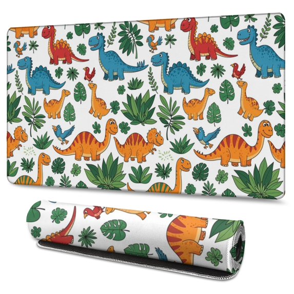 Long Mouse Pads for Desk,White Colorful Dinosaurs Jungle Pattern Desk Mats on Top Of Desks, Desk Mouse Pad Extra Large with 3mm Non-Slip Base and Stitched Edge for Gaming,Office,Work,Home 47.3"x23.6"