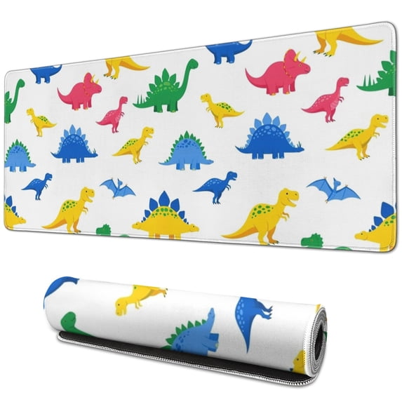 Long Mouse Pads for Desk,White Colorful Dinosaurs Pattern Desk Mats on Top Of Desks, Desk Mouse Pad Extra Large with 3mm Non-Slip Base and Stitched Edge for Gaming,Office,Work,Home 31.5"x11.8"