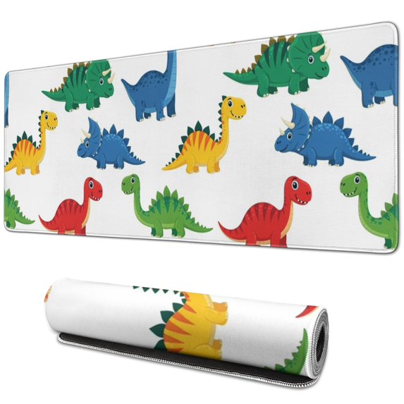Long Mouse Pads for Desk,White Colorful Dinosaurs Pattern Desk Mats on Top Of Desks, Desk Mouse Pad Extra Large with 3mm Non-Slip Base and Stitched Edge for Gaming,Office,Work,Home 31.5"x11.8"