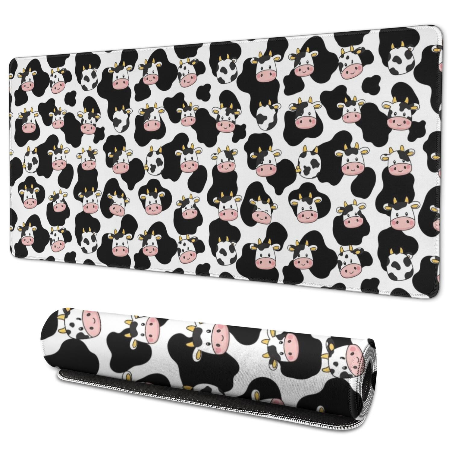 Long Mouse Pads for Desk,White Cow Black Spot Face Pattern Desk Mats on Top Of Desks, Desk Mouse Pad Extra Large with 3mm Non-Slip Base and Stitched Edge for Gaming,Office,Work,Home 35.4"x15.7"