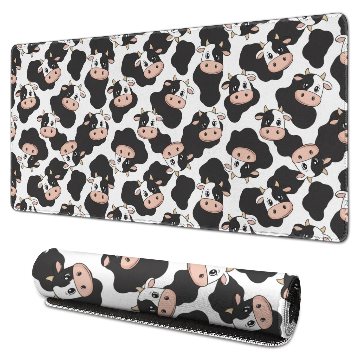 Long Mouse Pads for Desk,White Cow Black Spot Head Pattern Desk Mats on Top Of Desks, Desk Mouse Pad Extra Large with 3mm Non-Slip Base and Stitched Edge for Gaming,Office,Work,Home 31.5"x15.7"