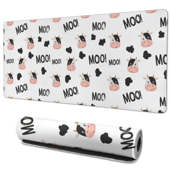 Long Mouse Pads for Desk,White Cow Black Spot Moo Pattern Desk Mats on Top Of Desks, Desk Mouse Pad Extra Large with 3mm Non-Slip Base and Stitched Edge for Gaming,Office,Work,Home 35.4"x15.7"