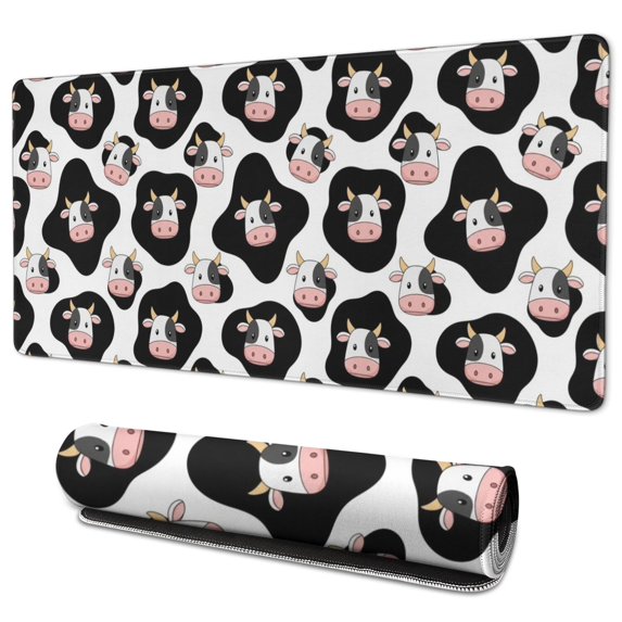 Long Mouse Pads for Desk,White Cow Black Spot Pattern (8) Desk Mats on Top Of Desks, Desk Mouse Pad Extra Large with 3mm Non-Slip Base and Stitched Edge for Gaming,Office,Work,Home 35.4"x15.7"