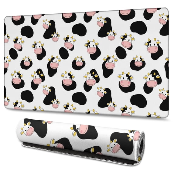 Long Mouse Pads for Desk,White Cow Black Spot Pattern Desk Mats on Top Of Desks, Desk Mouse Pad Extra Large with 3mm Non-Slip Base and Stitched Edge for Gaming,Office,Work,Home 47.3"x23.6"