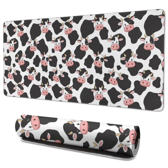 Long Mouse Pads for Desk,White Cow Black Spot Pattern Desk Mats on Top Of Desks, Desk Mouse Pad Extra Large with 3mm Non-Slip Base and Stitched Edge for Gaming,Office,Work,Home 35.4"x15.7"