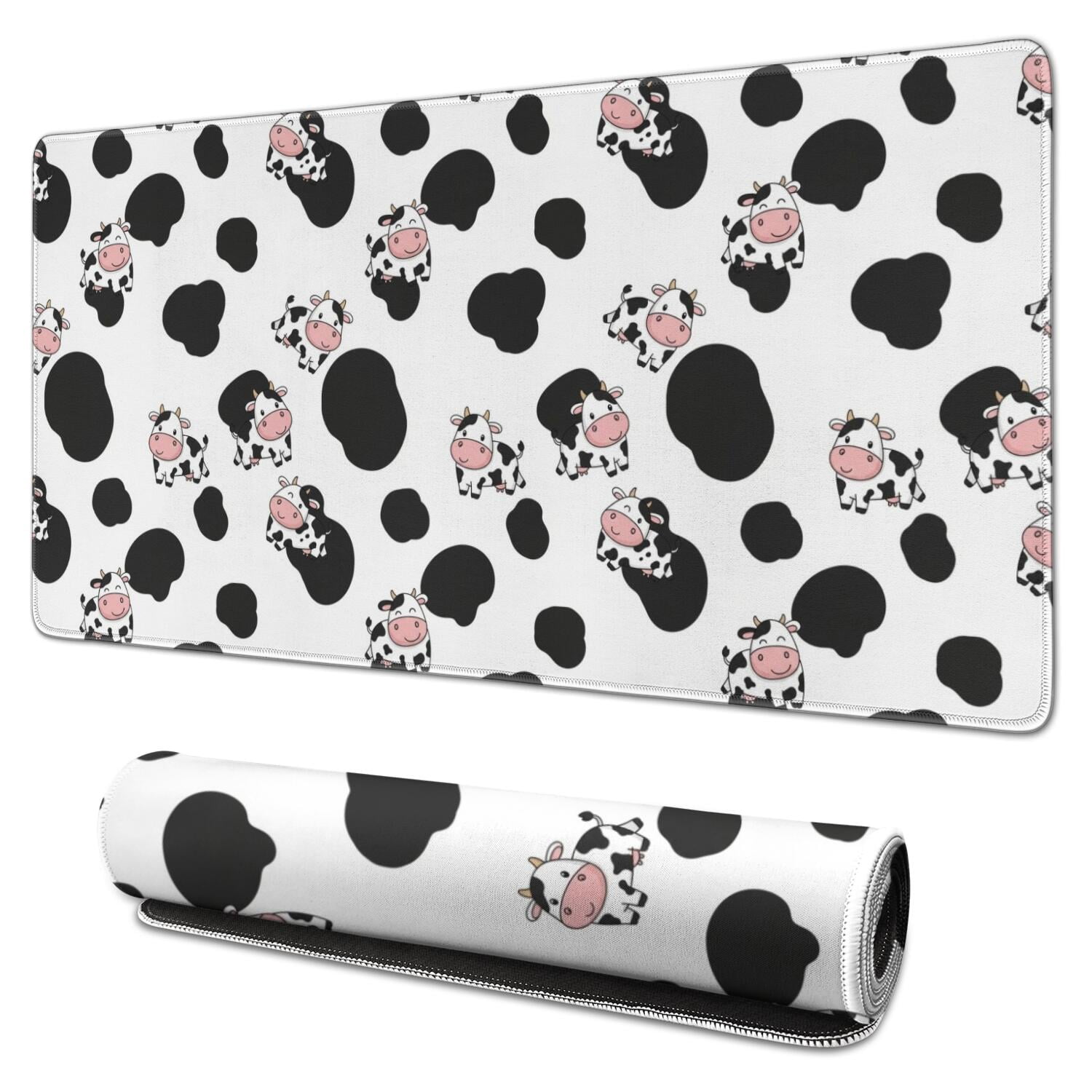 Long Mouse Pads for Desk,White Cow Black Spot Pattern Desk Mats on Top Of Desks, Desk Mouse Pad Extra Large with 3mm Non-Slip Base and Stitched Edge for Gaming,Office,Work,Home 31.5"x15.7"
