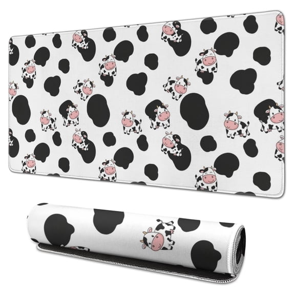 Long Mouse Pads for Desk,White Cow Black Spot Pattern Desk Mats on Top Of Desks, Desk Mouse Pad Extra Large with 3mm Non-Slip Base and Stitched Edge for Gaming,Office,Work,Home 31.5"x15.7"
