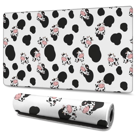 Long Mouse Pads for Desk,White Cow Black Spot Pattern Desk Mats on Top Of Desks, Desk Mouse Pad Extra Large with 3mm Non-Slip Base and Stitched Edge for Gaming,Office,Work,Home 47.3"x23.6"