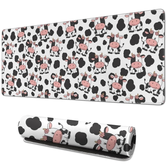 Long Mouse Pads for Desk,White Cow Black Spot Pattern Desk Mats on Top Of Desks, Desk Mouse Pad Extra Large with 3mm Non-Slip Base and Stitched Edge for Gaming,Office,Work,Home 31.5"x11.8"