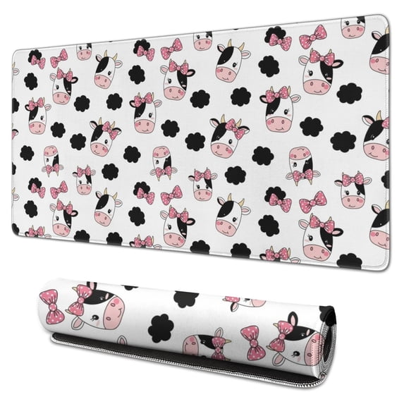 Long Mouse Pads for Desk,White Cow Bow Cloud Pattern Desk Mats on Top Of Desks, Desk Mouse Pad Extra Large with 3mm Non-Slip Base and Stitched Edge for Gaming,Office,Work,Home 31.5"x15.7"